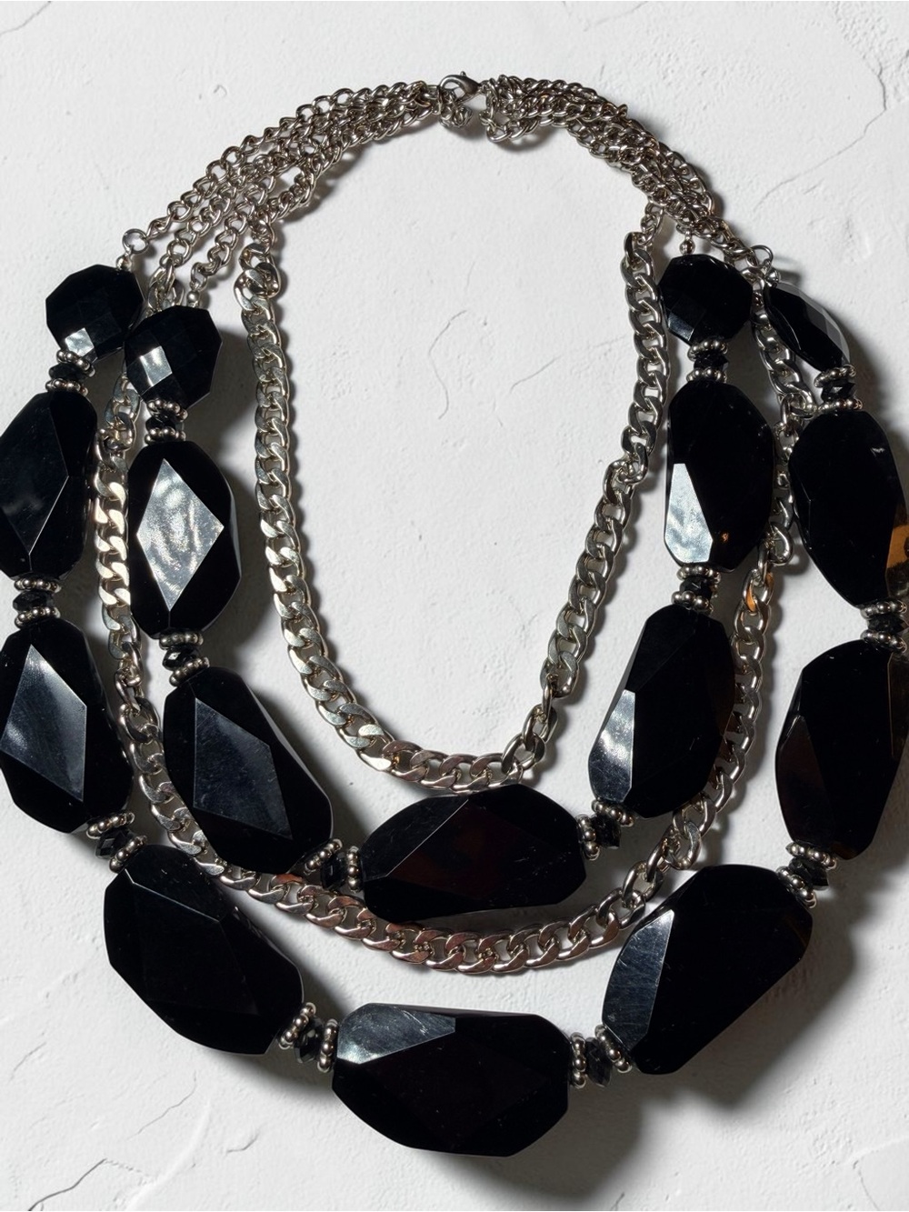 Women’s Multi-Strand Black Bead Necklace - Silver Chain